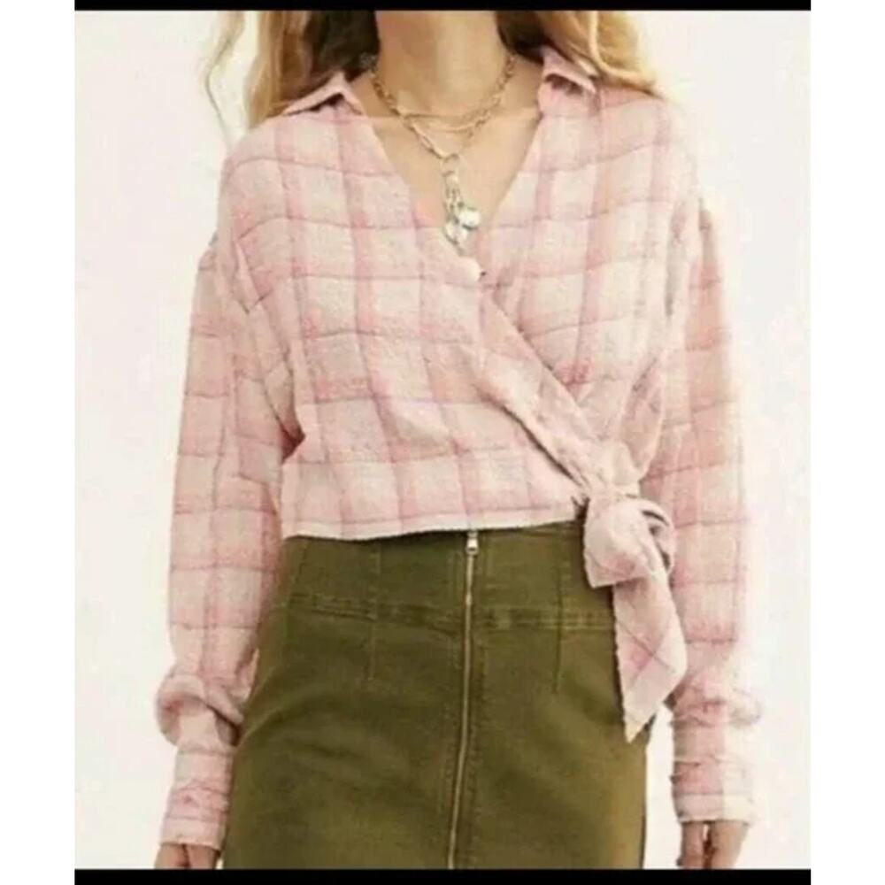 Free People We The Free Running Wild Pink Plaid Wrap Top Small
